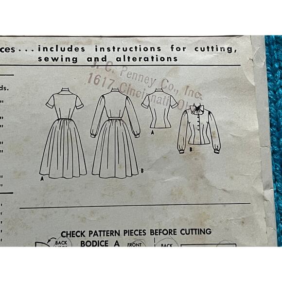 McCalls 9945 Sewing pattern dress circle skirt kitten bow blouse 1950s size 12 - Picture 6 of 7